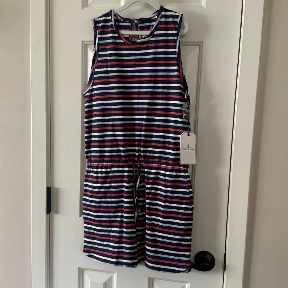 New Classic Prep Girls Addie Romper East Beach Stripe Shortall Size XL